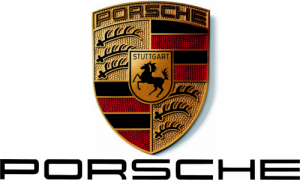 Logo Porsche représentant un écusson doré avec un cheval noir, des bandes rouges et noires, des bois et le mot "Stuttgart", au-dessus d'un texte noir en gras épelant "PORSCHE", que l'on voit souvent lors des rassemblements des Clubs indépendants.