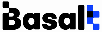 Le mot "Basalt" est écrit en lettres minuscules noires et grasses. La lettre "B" et le "t" final sont stylisés par des formes bleues et noires semblables à des blocs, ce qui donne un aspect moderne et géométrique.