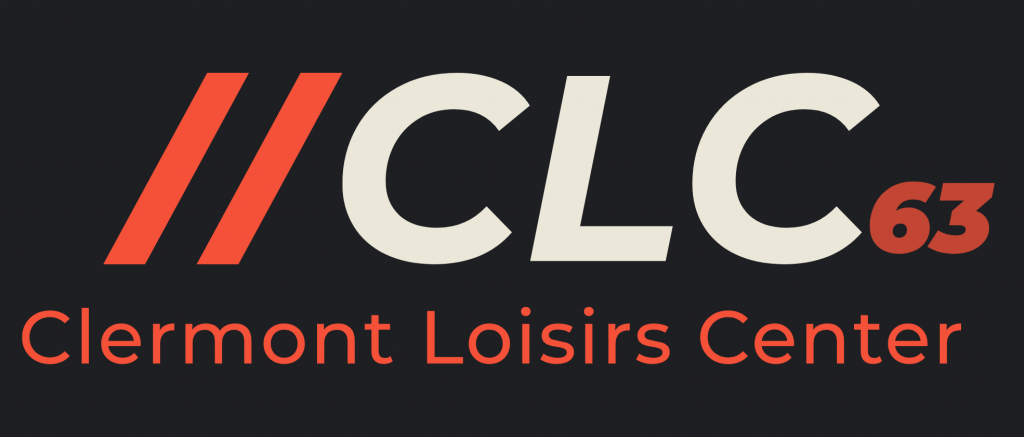Logo du Clermont Loisirs Center avec des barres obliques rouges en gras, un grand "CLC" blanc, un "63" rouge et "Clermont Loisirs Center" écrit en dessous sur un fond sombre.