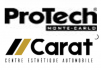Logos ProTech Monte-Carlo et Carat. ProTech apparaît en gras et en noir en haut, et Carat en bas, avec des barres diagonales or et noires. Le slogan "Centre Esthetique Automobile" se trouve en bas.