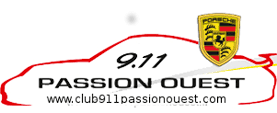 Logo avec le contour rouge d'une voiture Porsche, l'emblème Porsche et les textes "9.11 Passion Ouest" et "www.club911passionouest.com" en dessous.