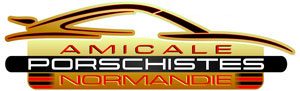 Logo de l'Amicale Porschistes Normandie représentant une voiture stylisée au-dessus du texte "AMICALE PORSCHISTES NORMANDIE" en couleurs or, noir et rouge.