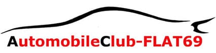 Un contour noir d'une voiture au-dessus du texte "AutomobileClub-FLAT69", avec le texte en noir et rouge sur fond blanc, représentant les clubs indépendants.