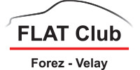 Logo du FLAT Club Forez-Velay avec un contour noir d'une voiture au-dessus du texte. Le mot "FLAT Club" est écrit en lettres noires et grasses, "Forez - Velay" se trouve sous une ligne rouge, représentant l'esprit des clubs indépendants.