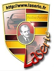 Logo en forme de bouclier avec "http://www.laseric.fr" en haut, représentant une voiture, un portrait d'homme, les mots "Passion Porsche" et "Laseric" en écriture rouge en bas à droite.