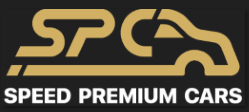 Logo de Speed Premium Cars représentant les lettres dorées stylisées "SPC" intégrées à la silhouette d'une voiture, au-dessus du texte "SPEED PREMIUM CARS" sur fond noir.