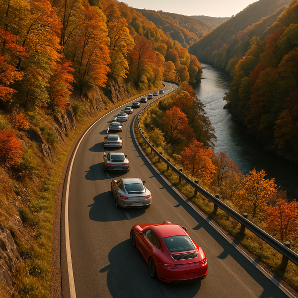 Une file de voitures de sport se lance dans une balade médiévale moderne, sur une route sinueuse au bord d'une rivière, entourée d'arbres d'automne aux couleurs vives et de collines ondulantes par une journée ensoleillée.