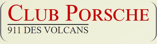 Logo avec un texte rouge de grande taille indiquant "CLUB PORSCHE" au-dessus d'un texte noir plus petit indiquant "911 DES VOLCANS", soulignant l'esprit des clubs indépendants, sur un fond clair.