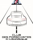 Logo pour le "Club des Porschistes d'Armorique" représentant une Porsche stylisée sur une route, avec les initiales du club "CPA" au-dessus - idéal pour les clubs indépendants - et le texte en gras du nom du club en dessous.