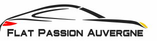 Logo représentant le contour noir d'une voiture de sport élégante, un feu arrière rouge à gauche, un phare jaune à droite, et les mots "FLAT PASSION AUVERGNE" en dessous, en caractères gras et stylisés.